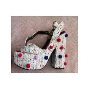 Irregular Choice Tic Tac Toe Platform Sandal, White Knit w/ colored Pom Poms, 8